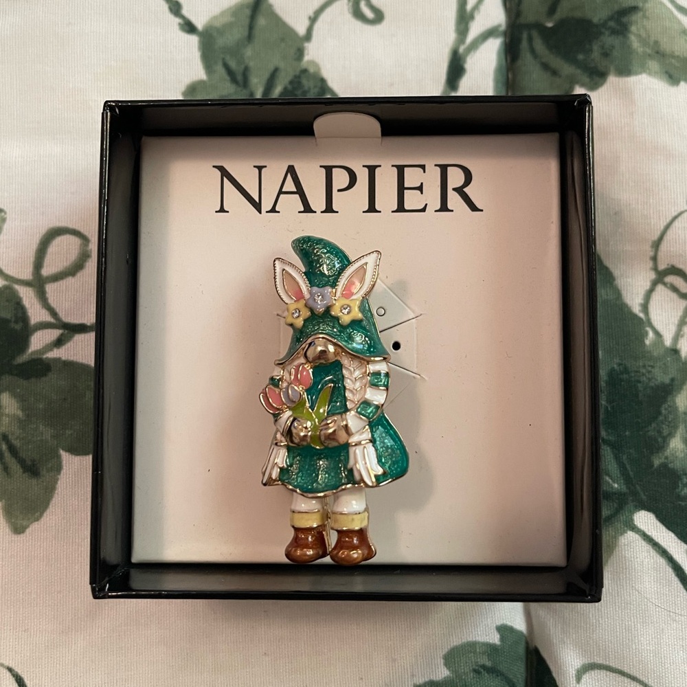 Napier Teal Bunny Girl Enamel Brooch with Pink Flower Accents